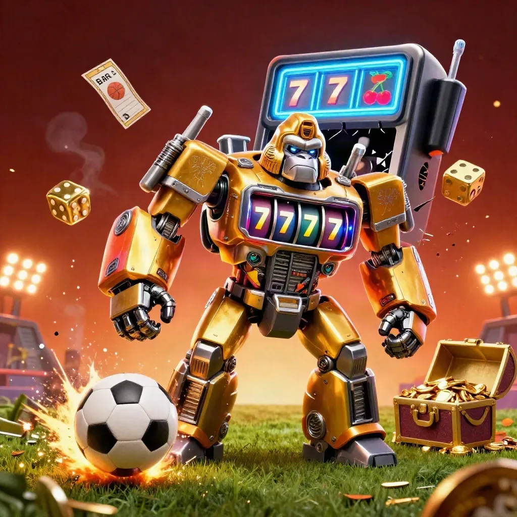 Golden gorilla mech and soccer ball explode in neon casino lights with flying reels and gold.