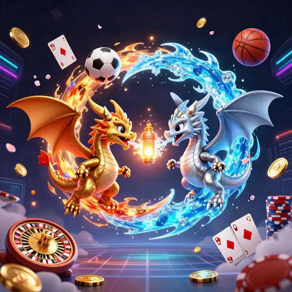 Twin gold and silver dragons swirl with casino chips, coins, and sports balls in neon light.