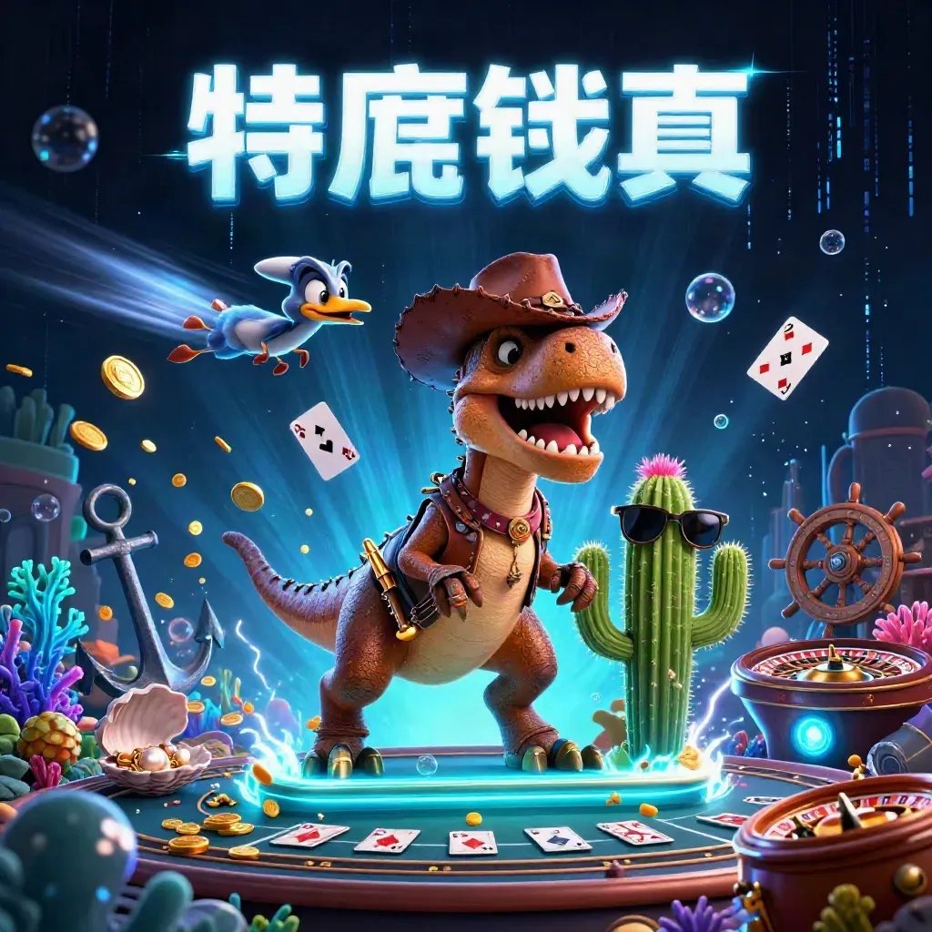 Cartoon cowboy T-Rex, cactus sidekick, and sheriff roadrunner in a neon treasure cove burst
