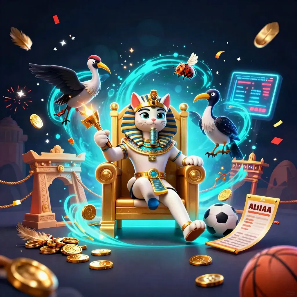 Pharaoh cat, ibis scribe, and scarabs amid sports gear, coins, and neon casino lights.