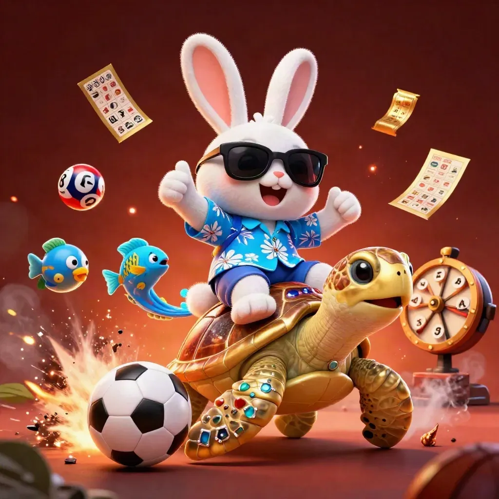 Lucky rabbit on a golden turtle as sports balls and casino tokens burst in neon light.