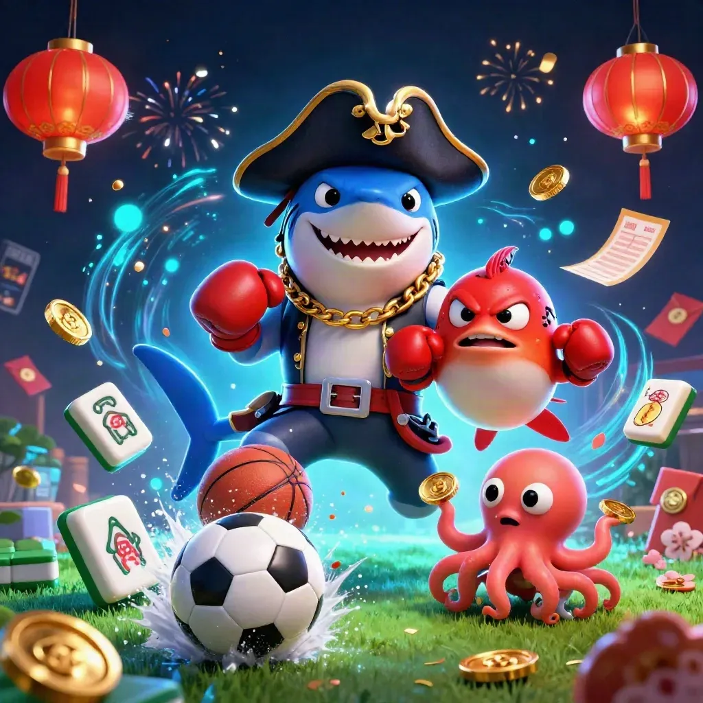 Shark, pufferfish and octopus amid flying balls, coins and neon casino effects.