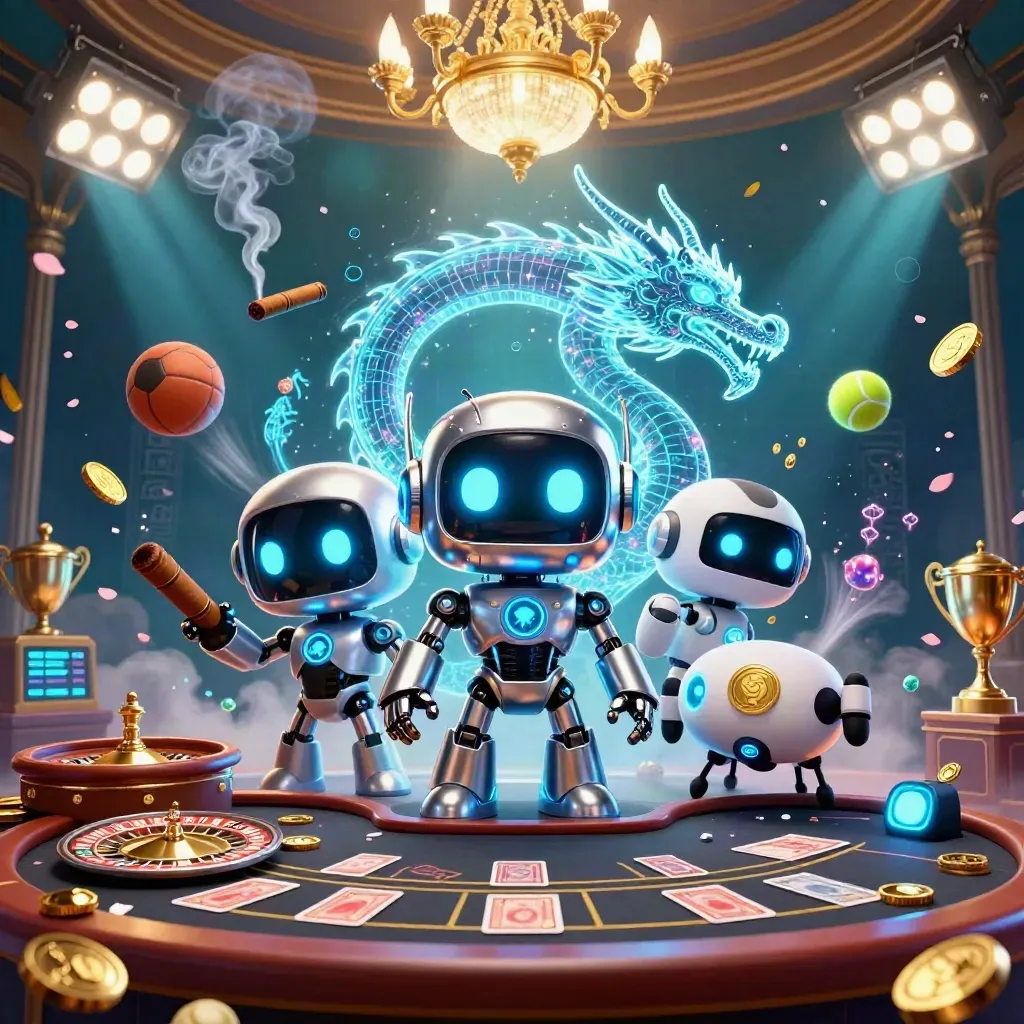 Cyberpunk robot, holographic dragon and coin drone in luxe casino lighting