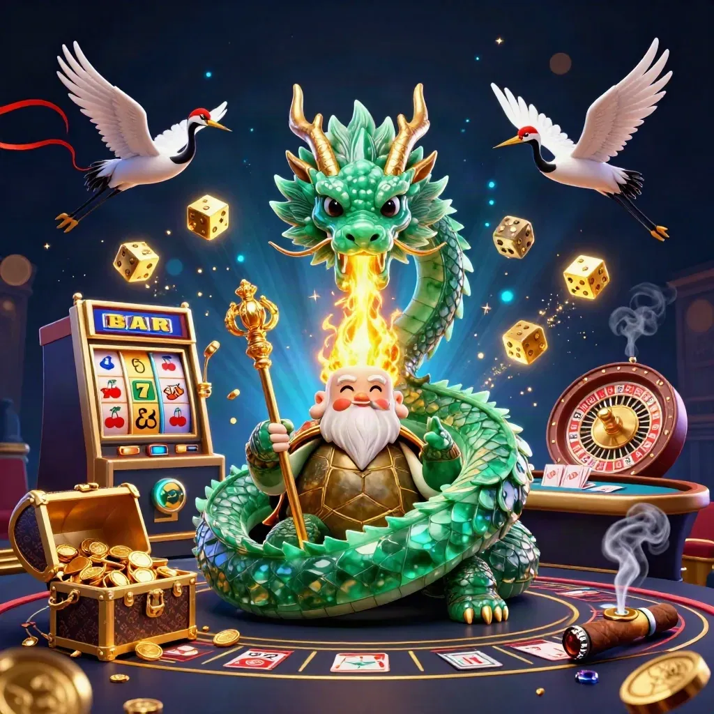 Emerald dragon, turtle sage and cranes amid casino loot, neon sparks and a spinning wheel.