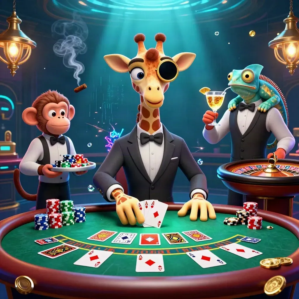 Three cartoon casino animals in a neon luxury card room with chips, cards, and glowing lights.