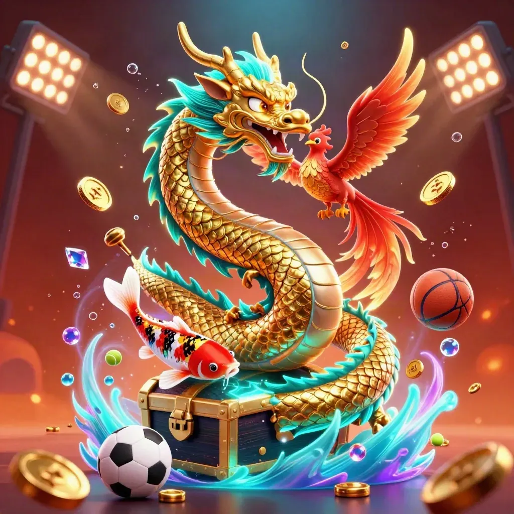 Golden dragon, phoenix, koi and casino treasures burst amid neon cyan glow and ember-lit chaos