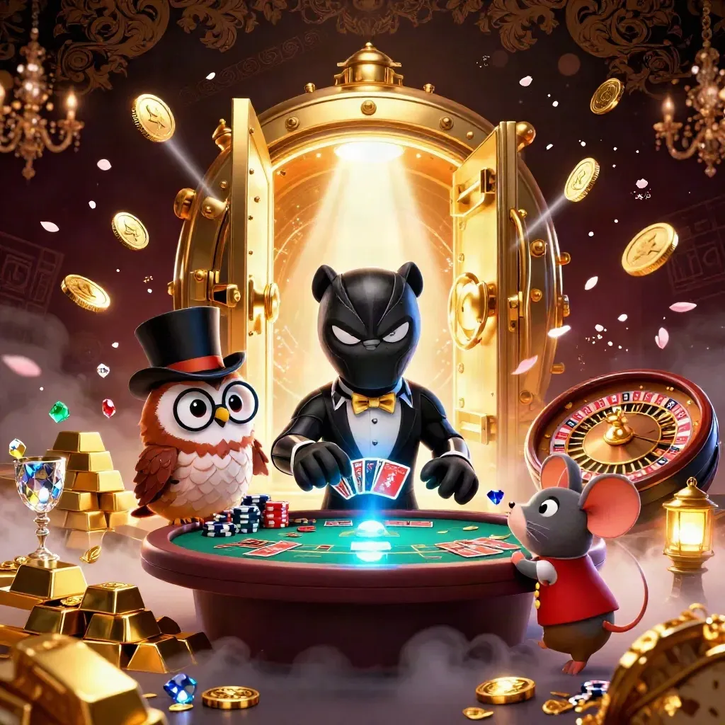 Panther, owl, and mouse celebrate amid vault coins, gems, cards, and fireworks.