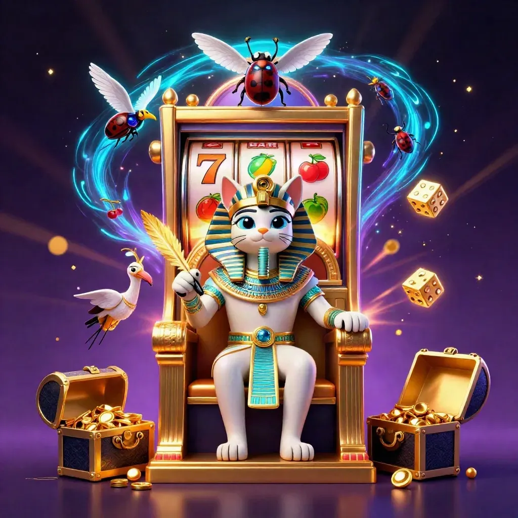 Pharaoh cat on throne with ibis, scarabs, and jackpot slot burst